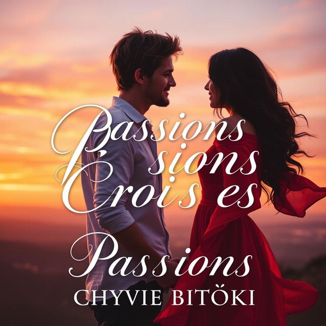 A romantic novel cover for 'Passions Croisées' by Chyvie BITOKI, featuring a picturesque sunset backdrop with soft, warm colors blending orange, pink, and purple hues