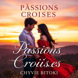A romantic novel cover for 'Passions Croisées' by Chyvie BITOKI, featuring a picturesque sunset backdrop with soft, warm colors blending orange, pink, and purple hues