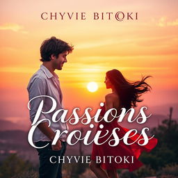 A romantic novel cover for 'Passions Croisées' by Chyvie BITOKI, featuring a picturesque sunset backdrop with soft, warm colors blending orange, pink, and purple hues