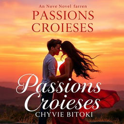 A romantic novel cover for 'Passions Croisées' by Chyvie BITOKI, featuring a picturesque sunset backdrop with soft, warm colors blending orange, pink, and purple hues
