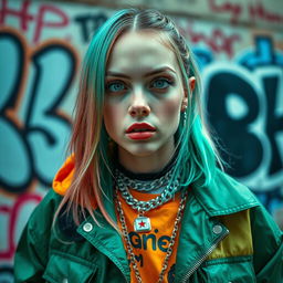 A captivating portrait of Billie Eilish, showcasing her powerful and confident demeanor
