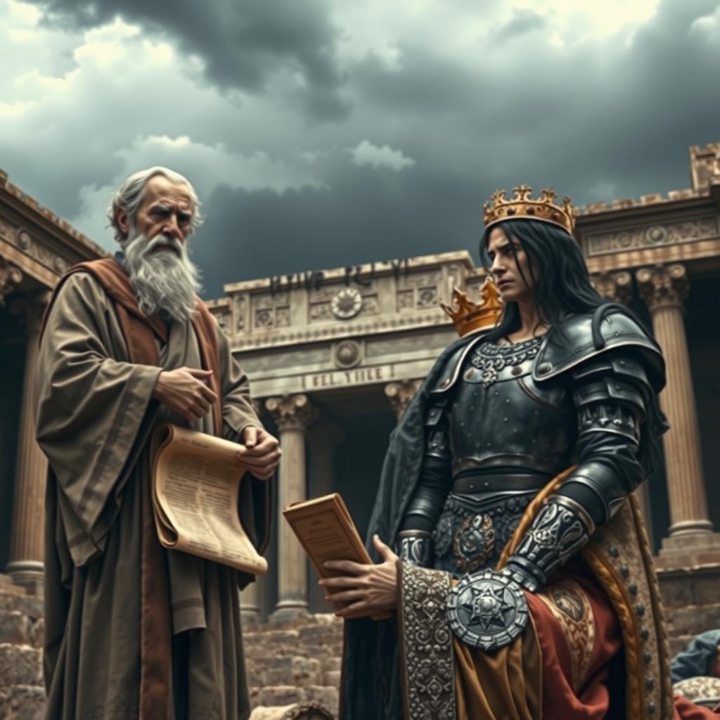 Betrayal in the kingdom of Israel, showing a dark and stormy sky over the palace of Jerusalem, symbolizing internal turmoil