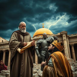 Betrayal in the kingdom of Israel, showing a dark and stormy sky over the palace of Jerusalem, symbolizing internal turmoil