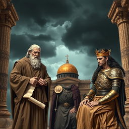 Betrayal in the kingdom of Israel, showing a dark and stormy sky over the palace of Jerusalem, symbolizing internal turmoil