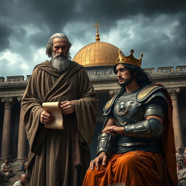 Betrayal in the kingdom of Israel, showing a dark and stormy sky over the palace of Jerusalem, symbolizing internal turmoil