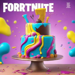 A brilliantly detailed 32k HD editorial food image of a vibrant Fortnite-inspired cake