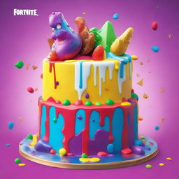 A brilliantly detailed 32k HD editorial food image of a vibrant Fortnite-inspired cake