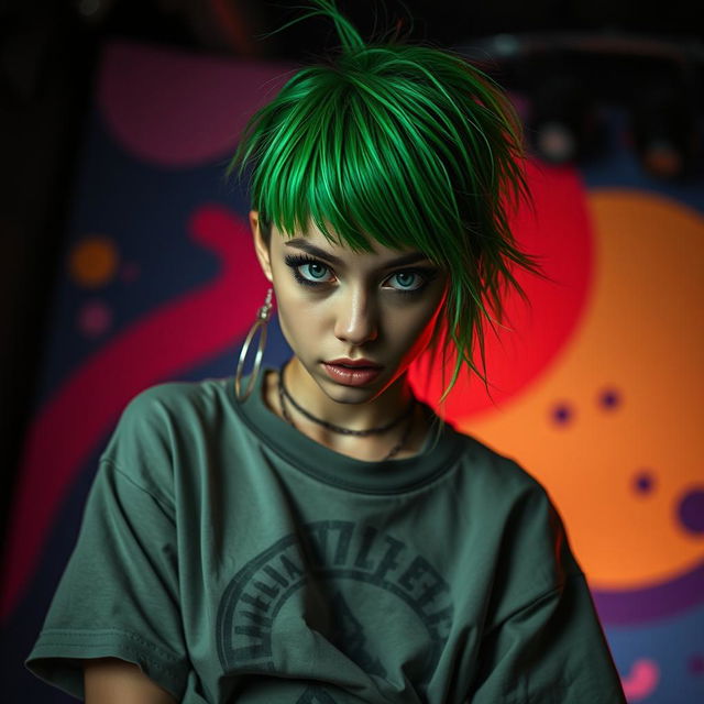 A captivating portrait of a young female singer with striking green hair and unique fashion sense, styled in an oversized graphic t-shirt and baggy pants