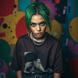 A captivating portrait of a young female singer with striking green hair and unique fashion sense, styled in an oversized graphic t-shirt and baggy pants