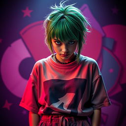 A captivating portrait of a young female singer with striking green hair and unique fashion sense, styled in an oversized graphic t-shirt and baggy pants