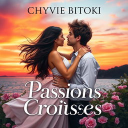 A romantic novel cover titled 'Passions Croisées' by Chyvie Bitoki, featuring an elegant and passionate scene of a couple in a loving embrace