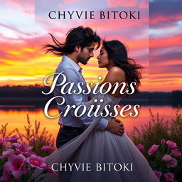 A romantic novel cover titled 'Passions Croisées' by Chyvie Bitoki, featuring an elegant and passionate scene of a couple in a loving embrace