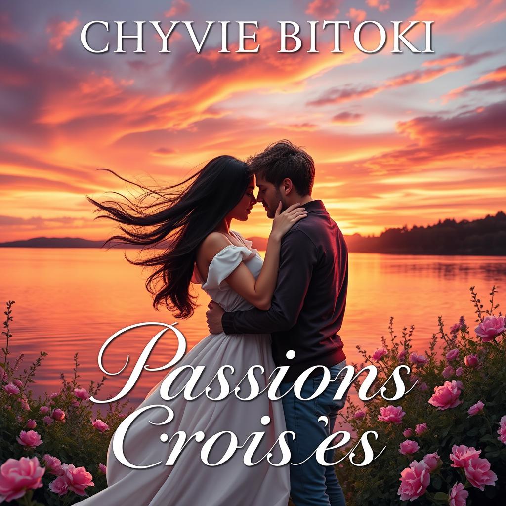 A romantic novel cover titled 'Passions Croisées' by Chyvie Bitoki, featuring an elegant and passionate scene of a couple in a loving embrace