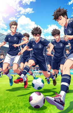 A dynamic scene inspired by the Blue Lock anime, capturing a group of young male soccer players in a high-energy training session
