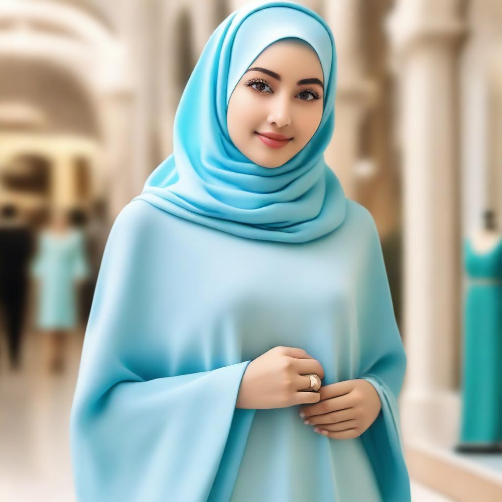 Generate an image of a beautiful girl with olive skin wearing a light blue hijab and matching Muslim dress