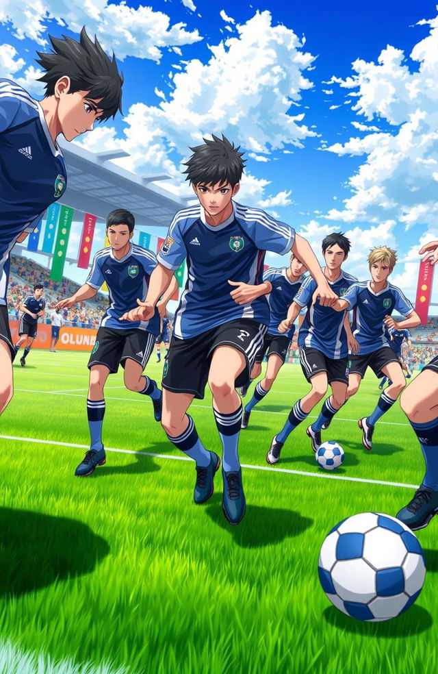 A dynamic scene inspired by the Blue Lock anime, capturing a group of young male soccer players in a high-energy training session