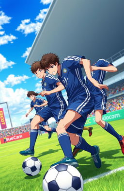 A dynamic scene inspired by the Blue Lock anime, capturing a group of young male soccer players in a high-energy training session