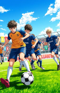 A dynamic scene inspired by the Blue Lock anime, capturing a group of young male soccer players in a high-energy training session