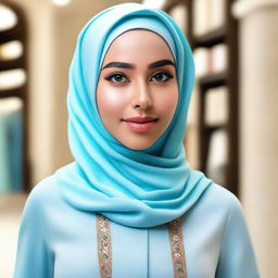 Generate an image of a beautiful girl with olive skin wearing a light blue hijab and matching Muslim dress