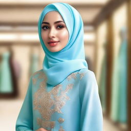 Generate an image of a beautiful girl with olive skin wearing a light blue hijab and matching Muslim dress