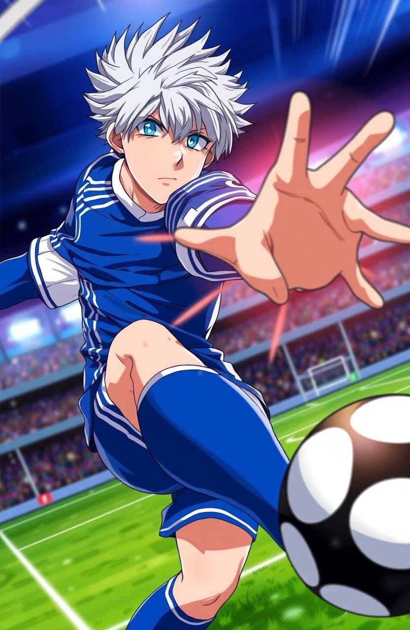 A dynamic and intense action scene featuring Nagi Seishiro from 'Blue Lock', showcasing his striking short silver hair and sharp blue eyes