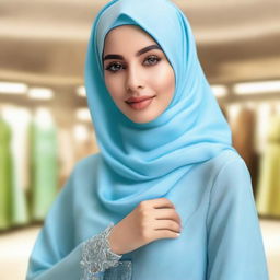 Generate an image of a beautiful girl with olive skin wearing a light blue hijab and matching Muslim dress