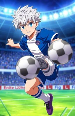 A dynamic and intense action scene featuring Nagi Seishiro from 'Blue Lock', showcasing his striking short silver hair and sharp blue eyes