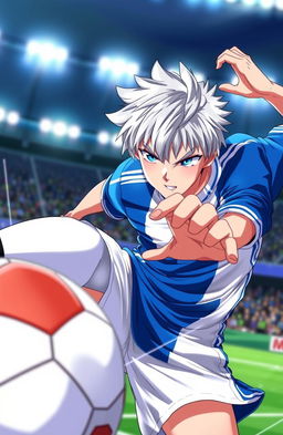 A dynamic and intense action scene featuring Nagi Seishiro from 'Blue Lock', showcasing his striking short silver hair and sharp blue eyes