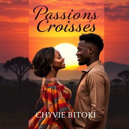 A romantic novel cover design titled 'Passions Croisées' by Chyvie BITOKI, set in Africa