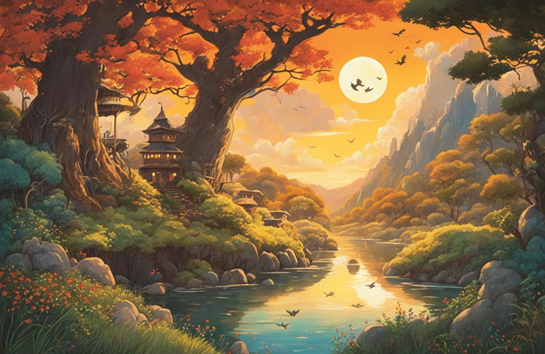 Detailed Studio Ghibli poster with whimsical tree and creatures, serene background scenery, warm sunset lighting, and intricate border design