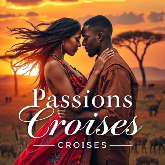 A romantic novel cover titled 'Passions Croisées' set in Africa, featuring a warm sunset backdrop over a picturesque African savanna landscape