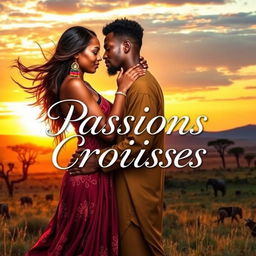 A romantic novel cover titled 'Passions Croisées' set in Africa, featuring a warm sunset backdrop over a picturesque African savanna landscape