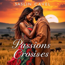 A romantic novel cover titled 'Passions Croisées' set in Africa, featuring a warm sunset backdrop over a picturesque African savanna landscape