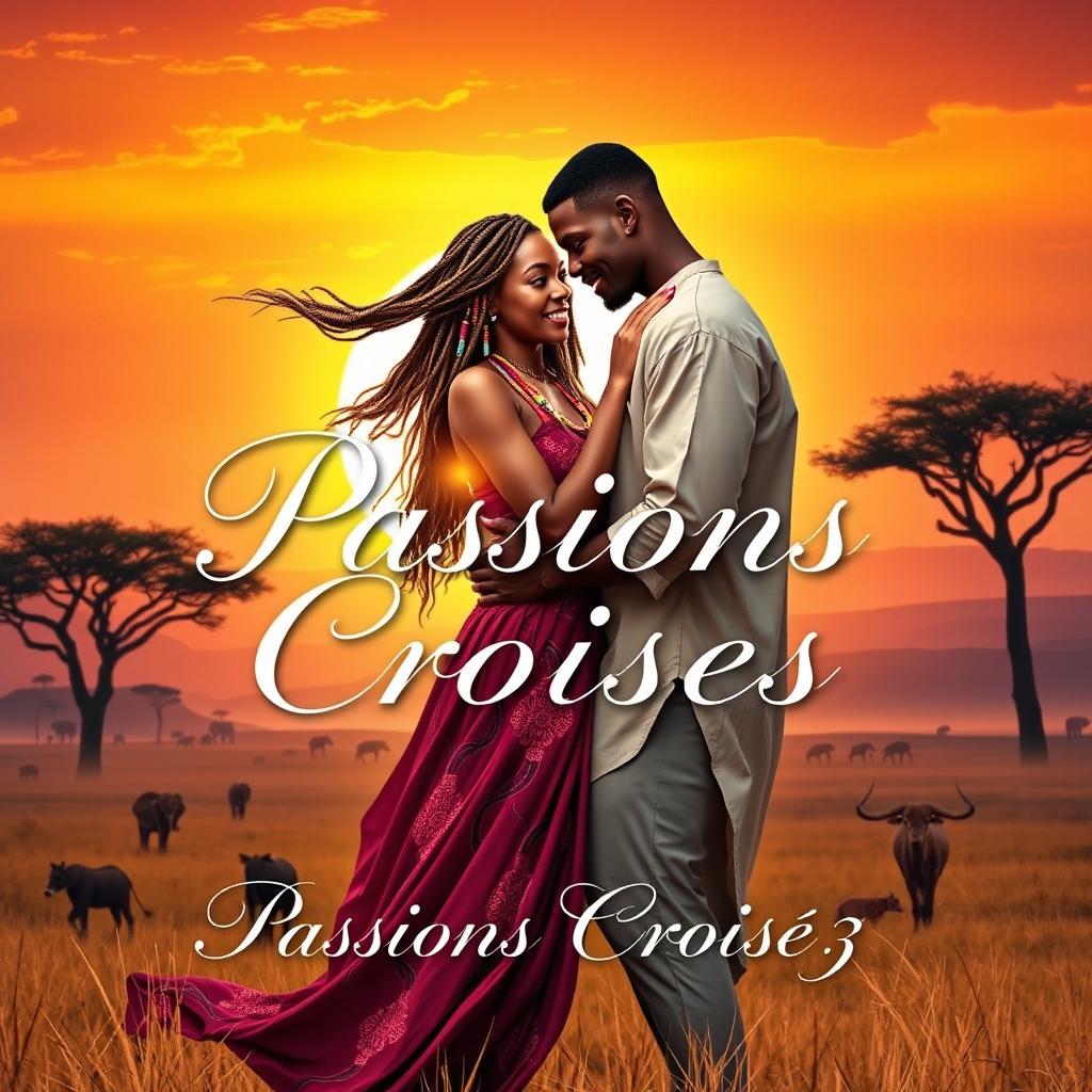 A romantic novel cover titled 'Passions Croisées' set in Africa, featuring a warm sunset backdrop over a picturesque African savanna landscape