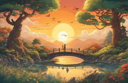 Detailed Studio Ghibli poster with whimsical tree and creatures, serene background scenery, warm sunset lighting, and intricate border design