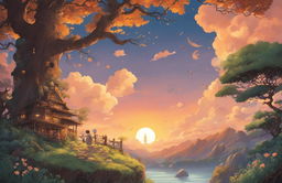 Detailed Studio Ghibli poster with whimsical tree and creatures, serene background scenery, warm sunset lighting, and intricate border design