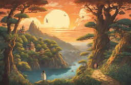 Detailed Studio Ghibli poster with whimsical tree and creatures, serene background scenery, warm sunset lighting, and intricate border design