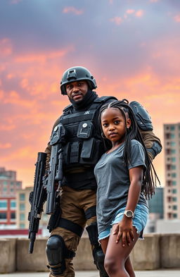 An elite soldier in tactical gear standing confidently alongside a beautiful black girl with braided hair