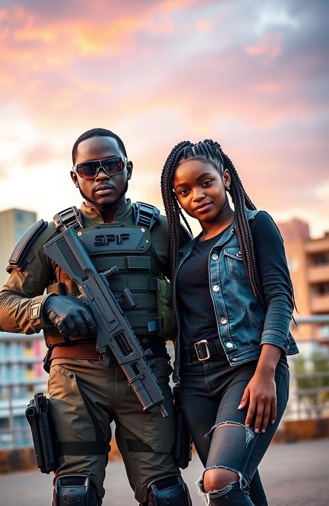 An elite soldier in tactical gear standing confidently alongside a beautiful black girl with braided hair