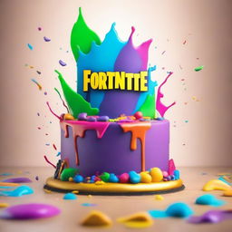 A vibrant and detailed 32k HD editorial food image of a Fortnite-inspired cake covered with splashes of color, set against a minimalist background to highlight the vivid hues