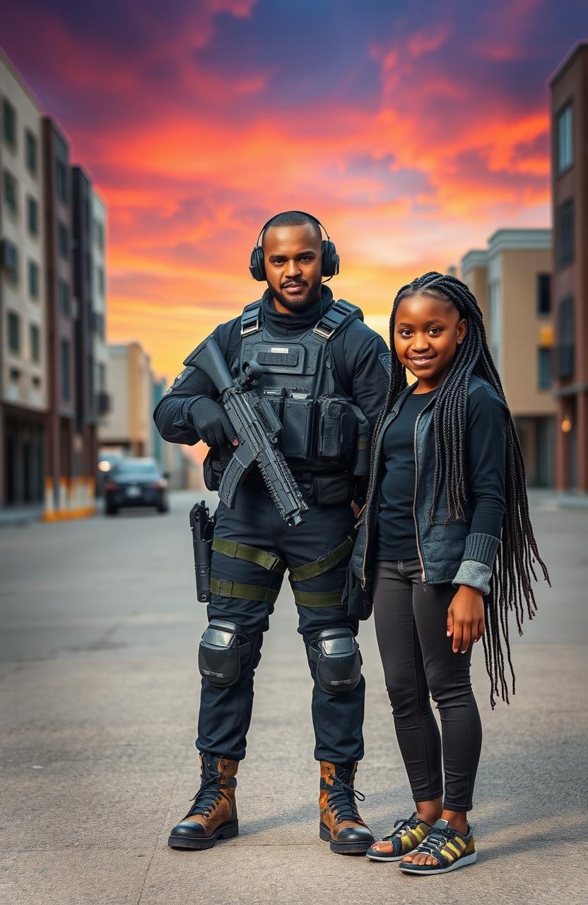 An elite soldier in tactical gear standing confidently alongside a beautiful black girl with braided hair