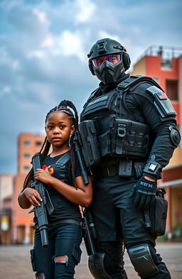 An elite soldier in tactical gear standing confidently alongside a beautiful black girl with braided hair