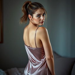 A gorgeous shy woman in her 20s with cute blue eyes and a neat ponytail, showcasing her perfect figure while wearing a sexy backless silk nightgown that gracefully drapes over her curves