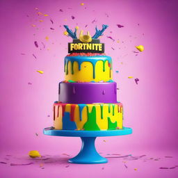 A vibrant and detailed 32k HD editorial food image of a Fortnite-inspired cake covered with splashes of color, set against a minimalist background to highlight the vivid hues