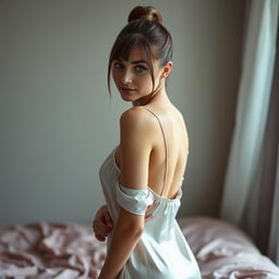 A gorgeous shy woman in her 20s with cute blue eyes and a neat ponytail, showcasing her perfect figure in a sexy open-back silk short nightgown that gracefully emphasizes her curves