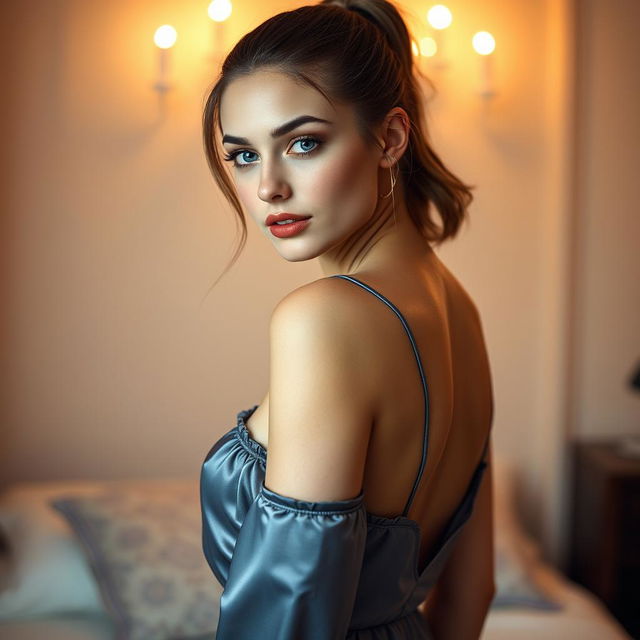 A gorgeous shy woman in her 20s with cute blue eyes and a neat ponytail, showcasing her perfect figure in a sexy open-back silk short nightgown that gracefully emphasizes her curves