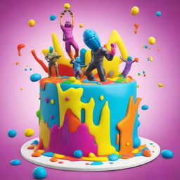 A vibrant and detailed 32k HD editorial food image of a Fortnite-inspired cake covered with splashes of color, set against a minimalist background to highlight the vivid hues