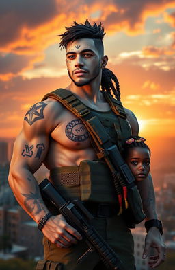 An elite soldier with a muscular build wearing tactical gear, featuring a white complexion, standing confidently