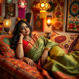 A desi woman in traditional attire lying comfortably on a bed with vibrant Indian textiles, her hair loosely styled, surrounded by decorative pillows