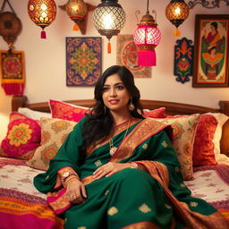 A desi woman in traditional attire lying comfortably on a bed with vibrant Indian textiles, her hair loosely styled, surrounded by decorative pillows